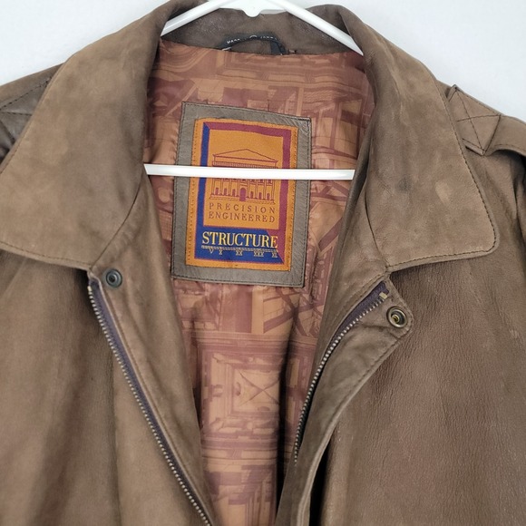 STRUCTURE VINTAGE BROWN GENUINE LEATHER BOMBER JACKET MENS LARGE FULL ZIP Y2K - Picture 8 of 16